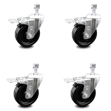 Service Caster 4 Inch Phenolic Swivel 12mm Threaded Stem Caster Set with Total Lock Brake SCC-TSTTL20S414-PHS-M1215-4